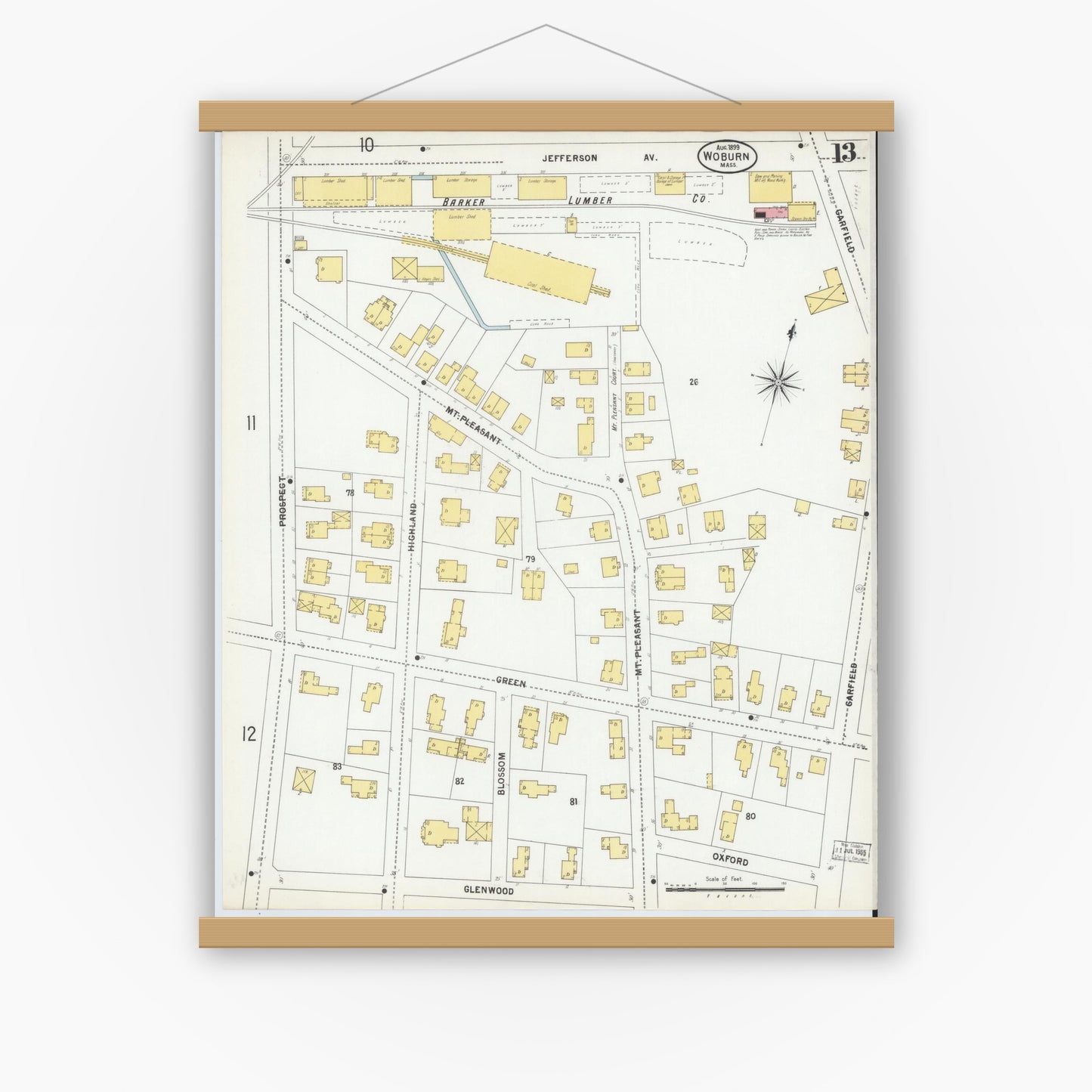 Old map wall art mockup — magnetic wood frame on white wall — Sanborn Fire Insurance Map from Woburn, Middlesex County, Massachusetts (1899), Sheet #0013