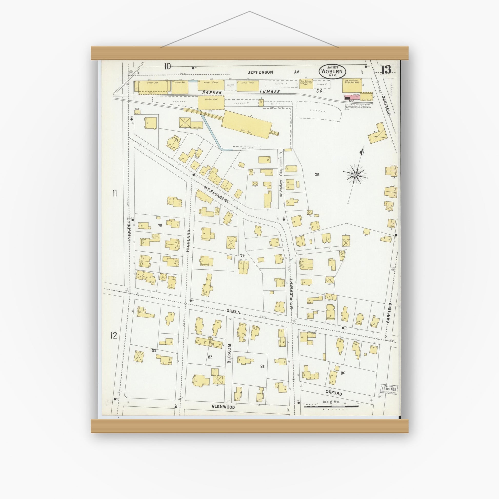 Old map wall art mockup — magnetic wood frame on white wall — Sanborn Fire Insurance Map from Woburn, Middlesex County, Massachusetts (1899), Sheet #0013