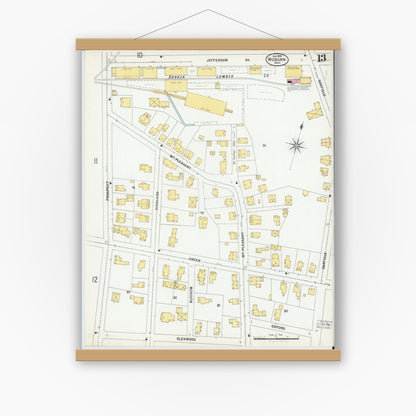Old map wall art mockup — magnetic wood frame on white wall — Sanborn Fire Insurance Map from Woburn, Middlesex County, Massachusetts (1899), Sheet #0013