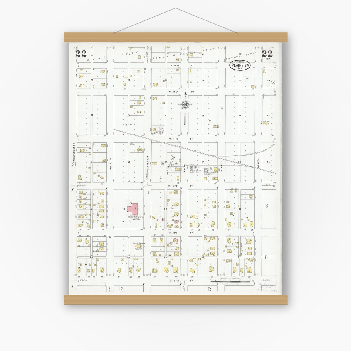Old map wall art mockup — magnetic wood frame on white wall — Sanborn Fire Insurance Map from Plainview, Hale County, Texas (1927), Sheet #0022