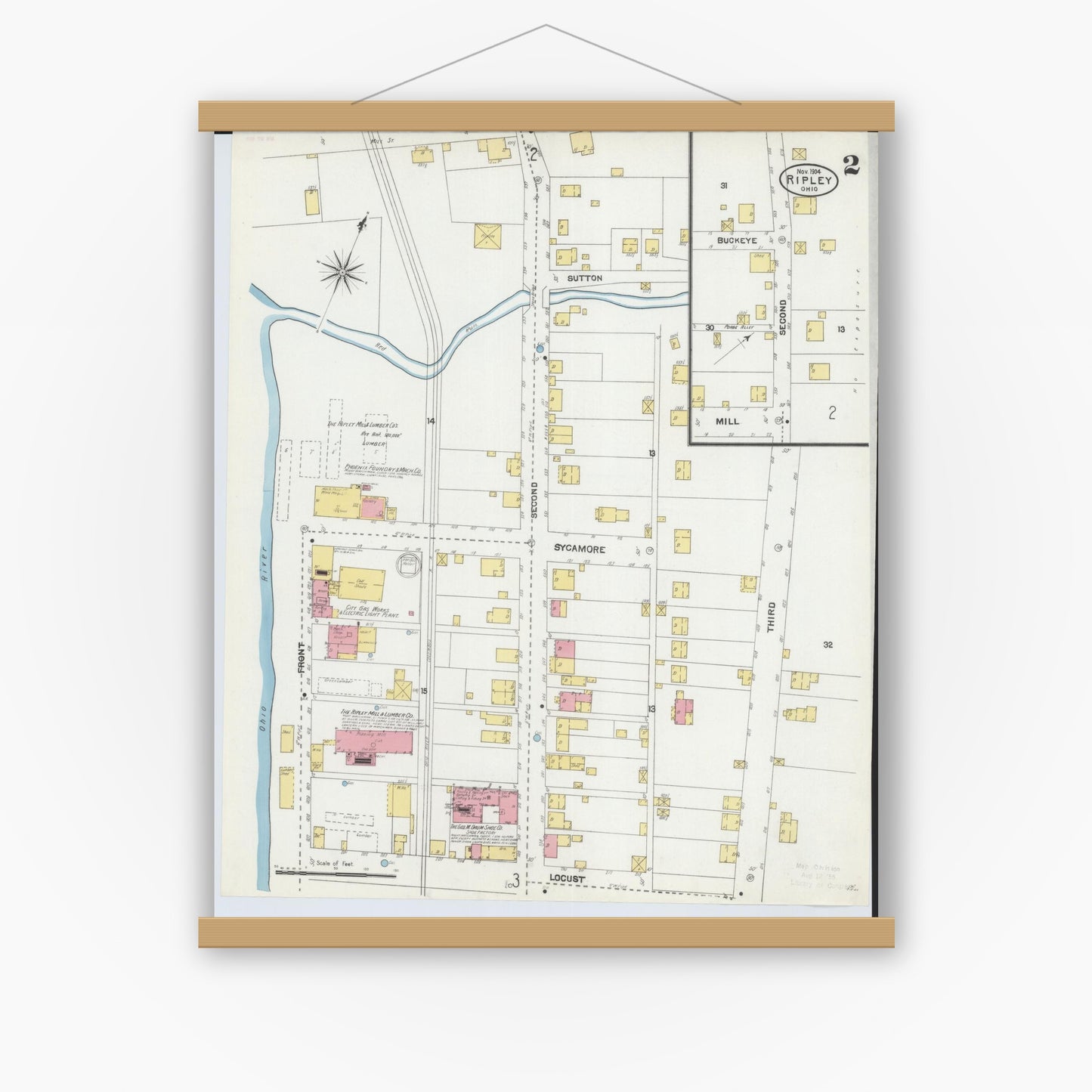 Old map wall art mockup — magnetic wood frame on white wall — Sanborn Fire Insurance Map from Ripley, Brown County, Ohio (1904), Sheet #0002