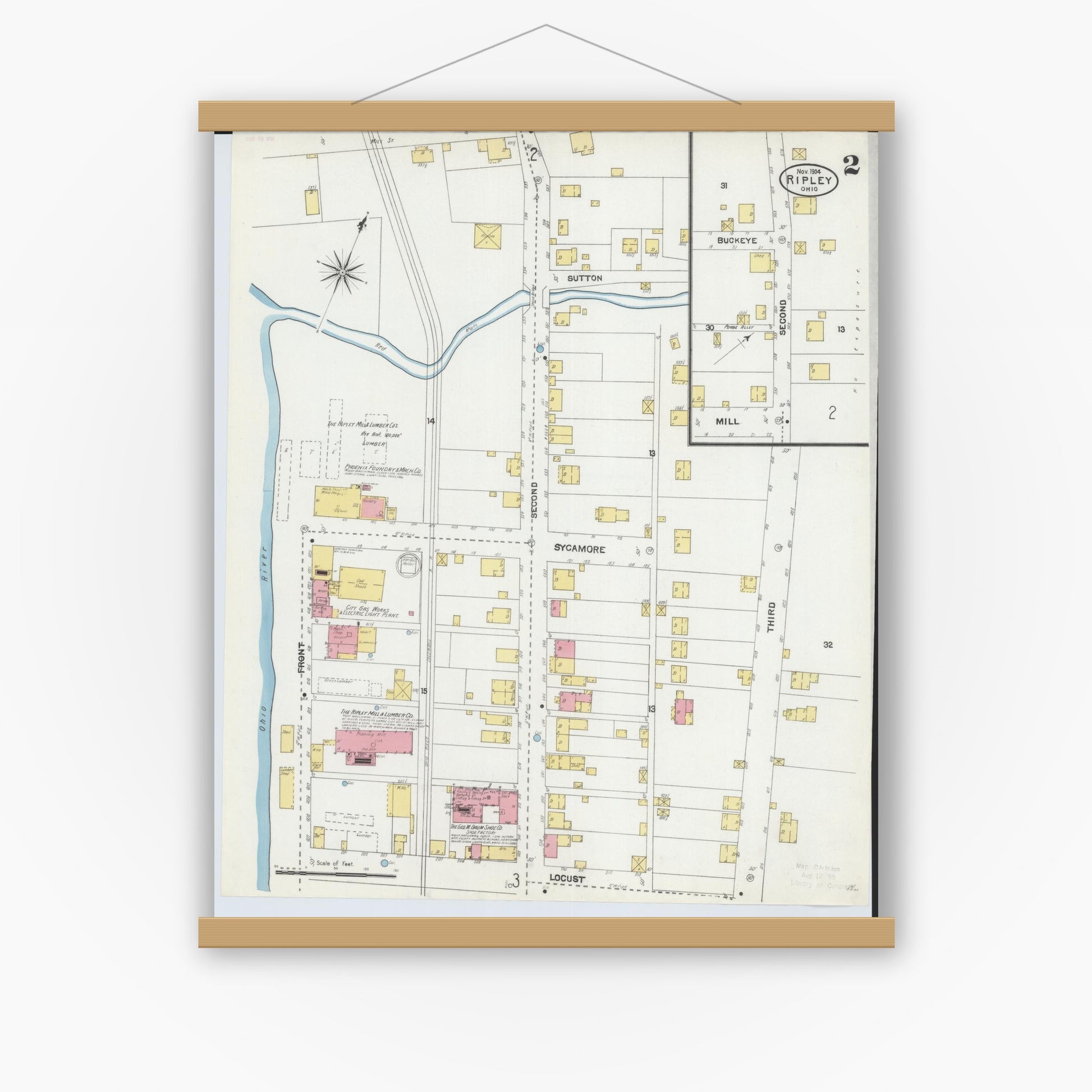 Old map wall art mockup — magnetic wood frame on white wall — Sanborn Fire Insurance Map from Ripley, Brown County, Ohio (1904), Sheet #0002