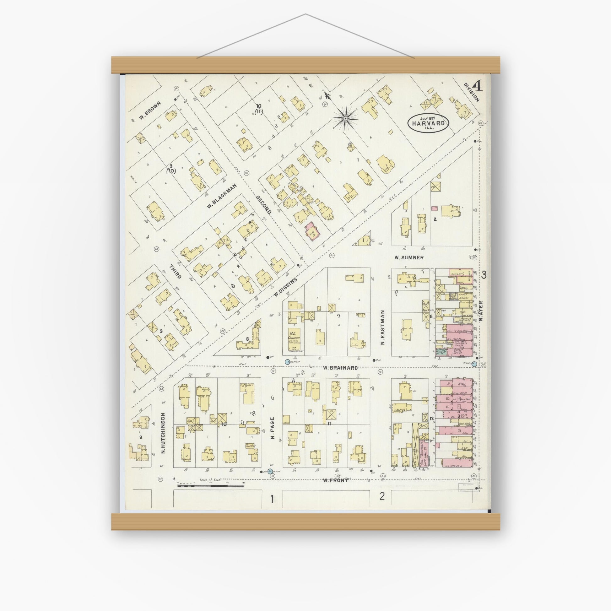 Old map wall art mockup — magnetic wood frame on white wall — Sanborn Fire Insurance Map from Harvard, McHenry County, Illinois (1897), Sheet #0004