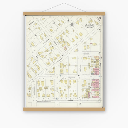 Old map wall art mockup — magnetic wood frame on white wall — Sanborn Fire Insurance Map from Harvard, McHenry County, Illinois (1897), Sheet #0004