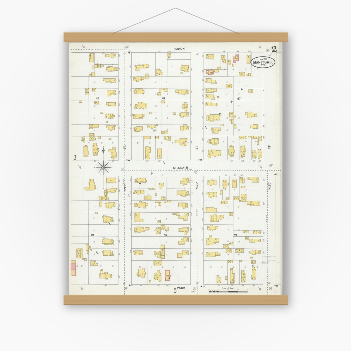 Old map wall art mockup — magnetic wood frame on white wall — Sanborn Fire Insurance Map from Manitowoc, Manitowoc County, Wisconsin (1900), Sheet #0002