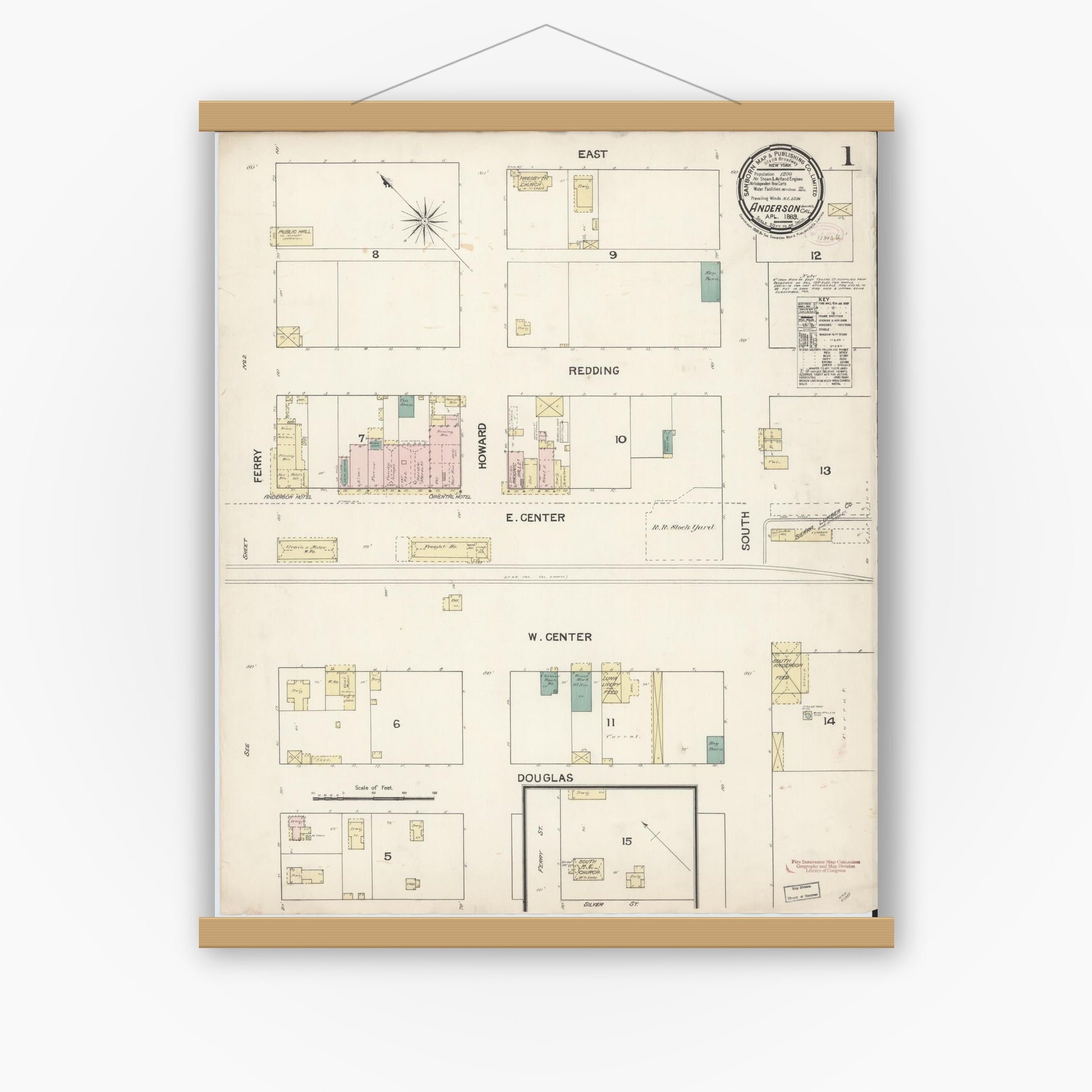 Old map wall art mockup — magnetic wood frame on white wall — Sanborn Fire Insurance Map from Anderson, Shasta County, California (1889), Sheet #0001