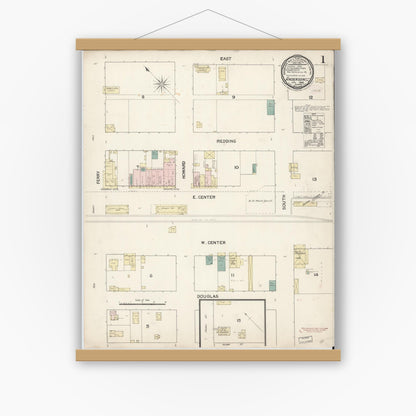Old map wall art mockup — magnetic wood frame on white wall — Sanborn Fire Insurance Map from Anderson, Shasta County, California (1889), Sheet #0001
