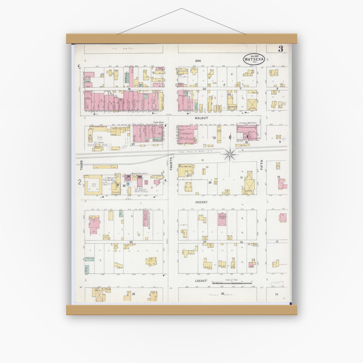 Old map wall art mockup — magnetic wood frame on white wall — Sanborn Fire Insurance Map from Watseka, Iroquois County, Illinois (1897), Sheet #0003