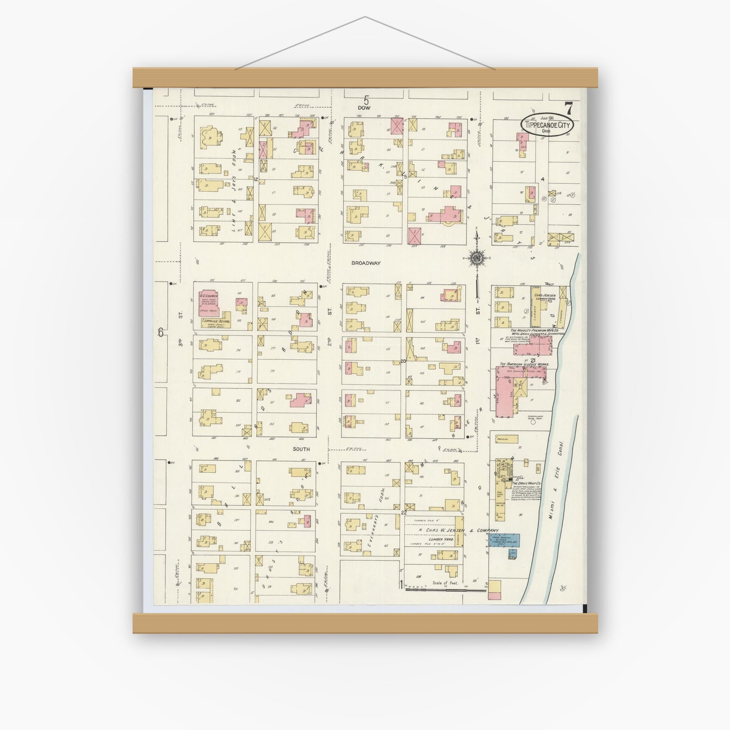 Old map wall art mockup — magnetic wood frame on white wall — Sanborn Fire Insurance Map from Tipp City, Miami County, Ohio (1911), Sheet #0007