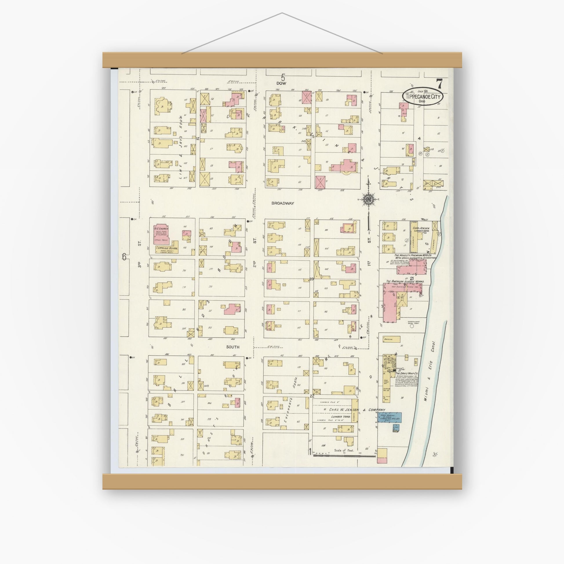 Old map wall art mockup — magnetic wood frame on white wall — Sanborn Fire Insurance Map from Tipp City, Miami County, Ohio (1911), Sheet #0007