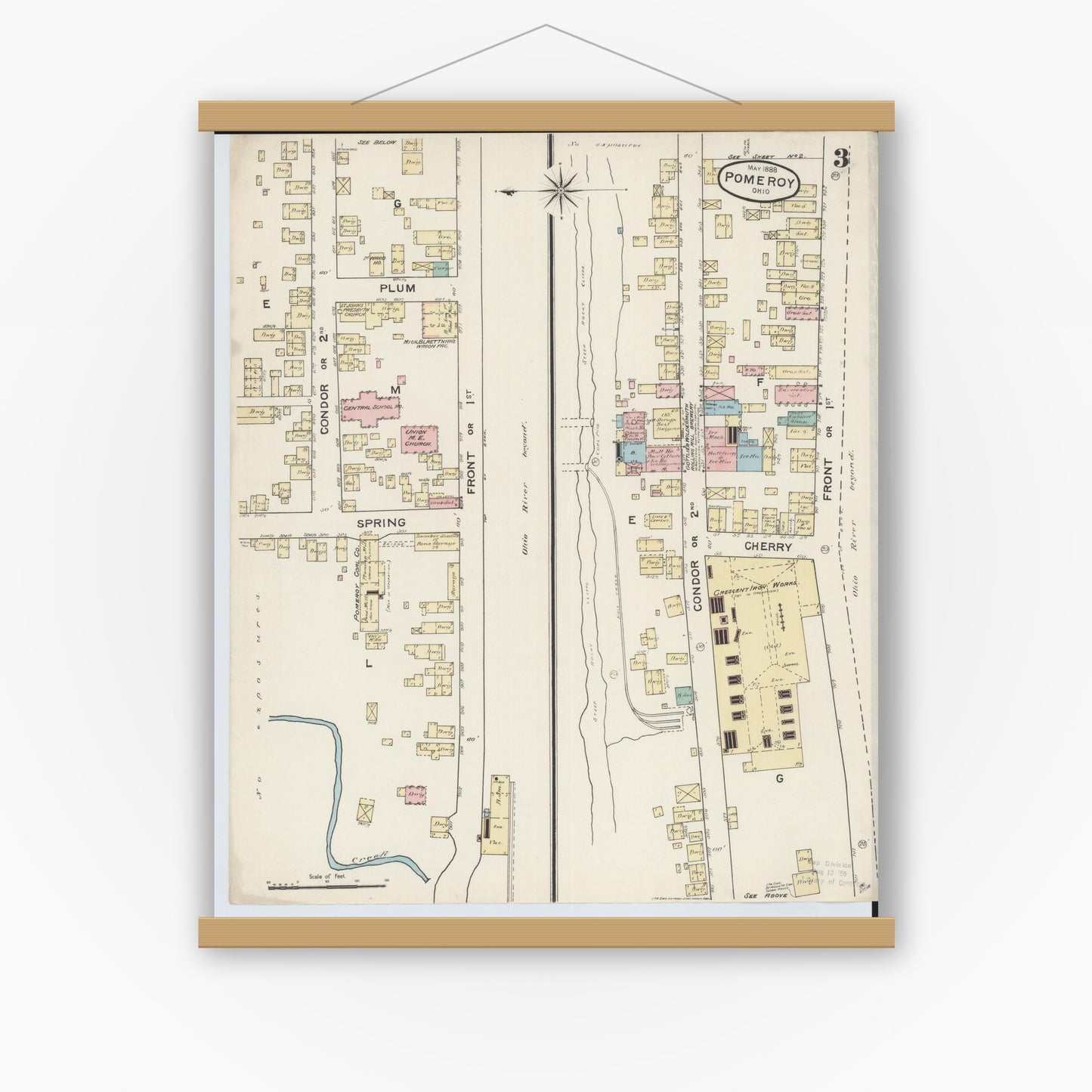 Old map wall art mockup — magnetic wood frame on white wall — Sanborn Fire Insurance Map from Pomeroy, Meigs County, Ohio (1888), Sheet #0003