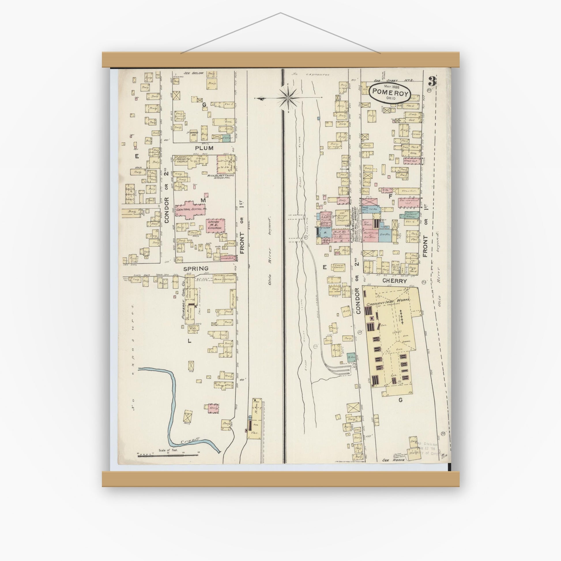 Old map wall art mockup — magnetic wood frame on white wall — Sanborn Fire Insurance Map from Pomeroy, Meigs County, Ohio (1888), Sheet #0003