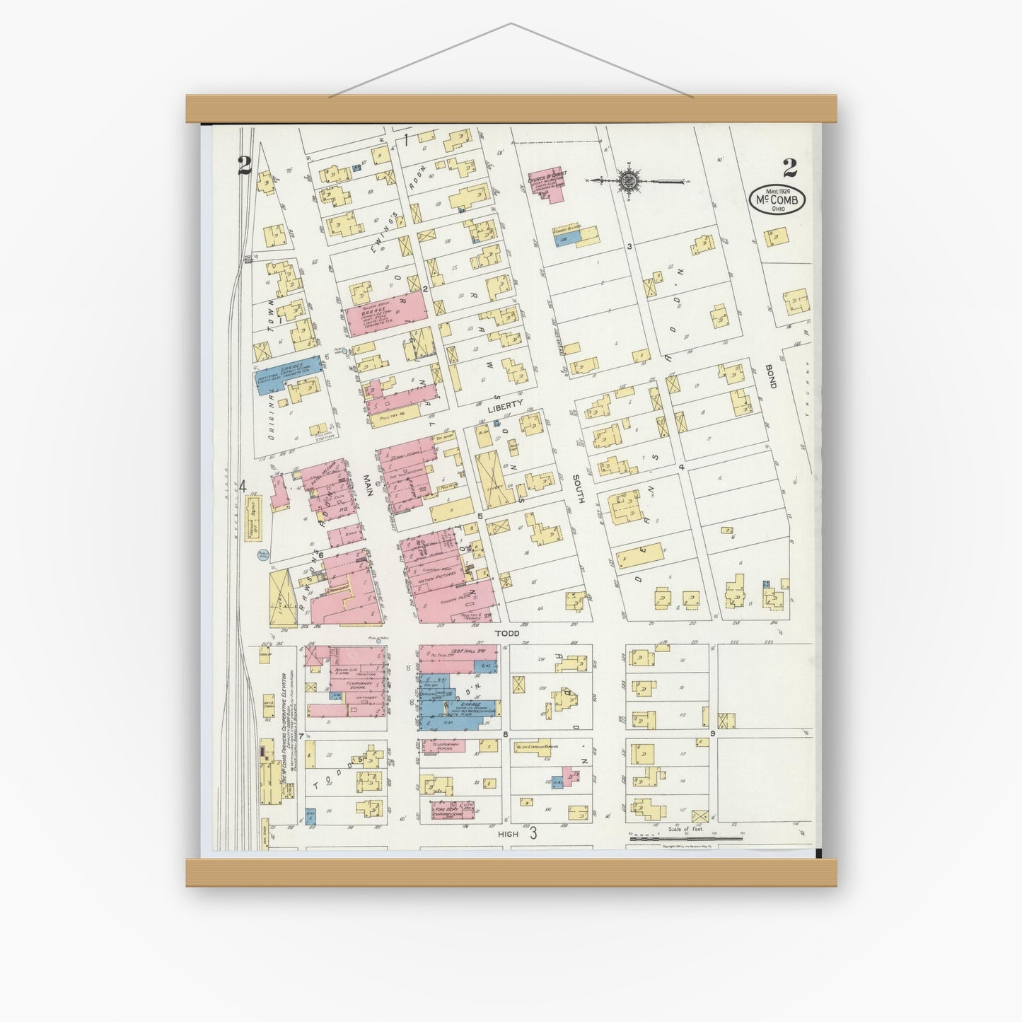 Old map wall art mockup — magnetic wood frame on white wall — Sanborn Fire Insurance Map from McComb, Hancock County, Ohio (1924), Sheet #0002