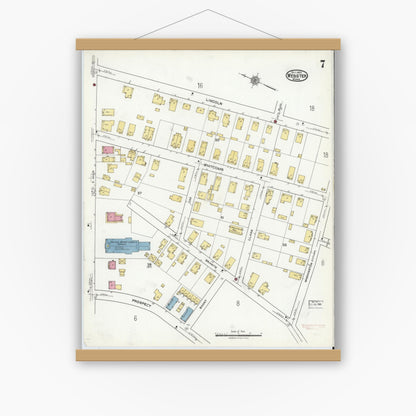Old map wall art mockup — magnetic wood frame on white wall — Sanborn Fire Insurance Map from Webster, Worcester County, Massachusetts (1920), Sheet #0007