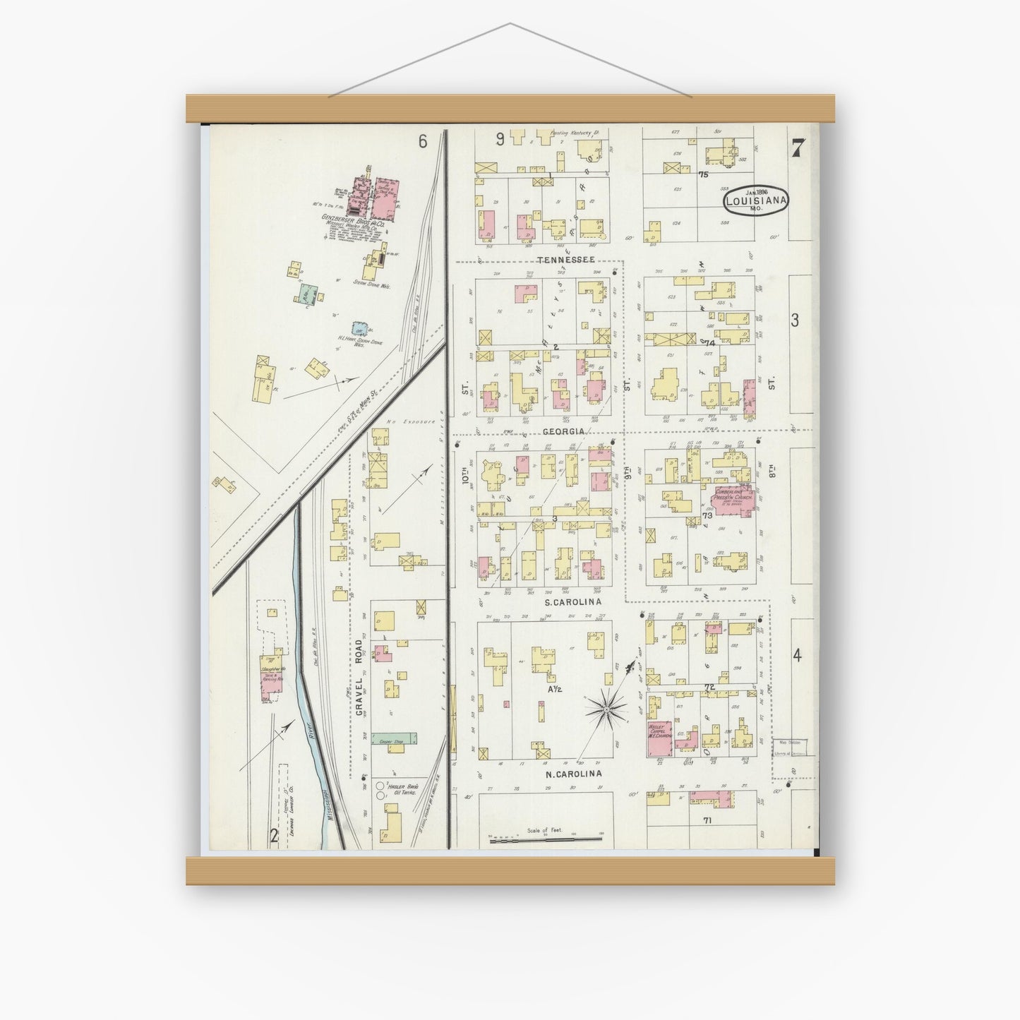 Old map wall art mockup — magnetic wood frame on white wall — Sanborn Fire Insurance Map from Louisiana, Pike County, Missouri (1896), Sheet #0007