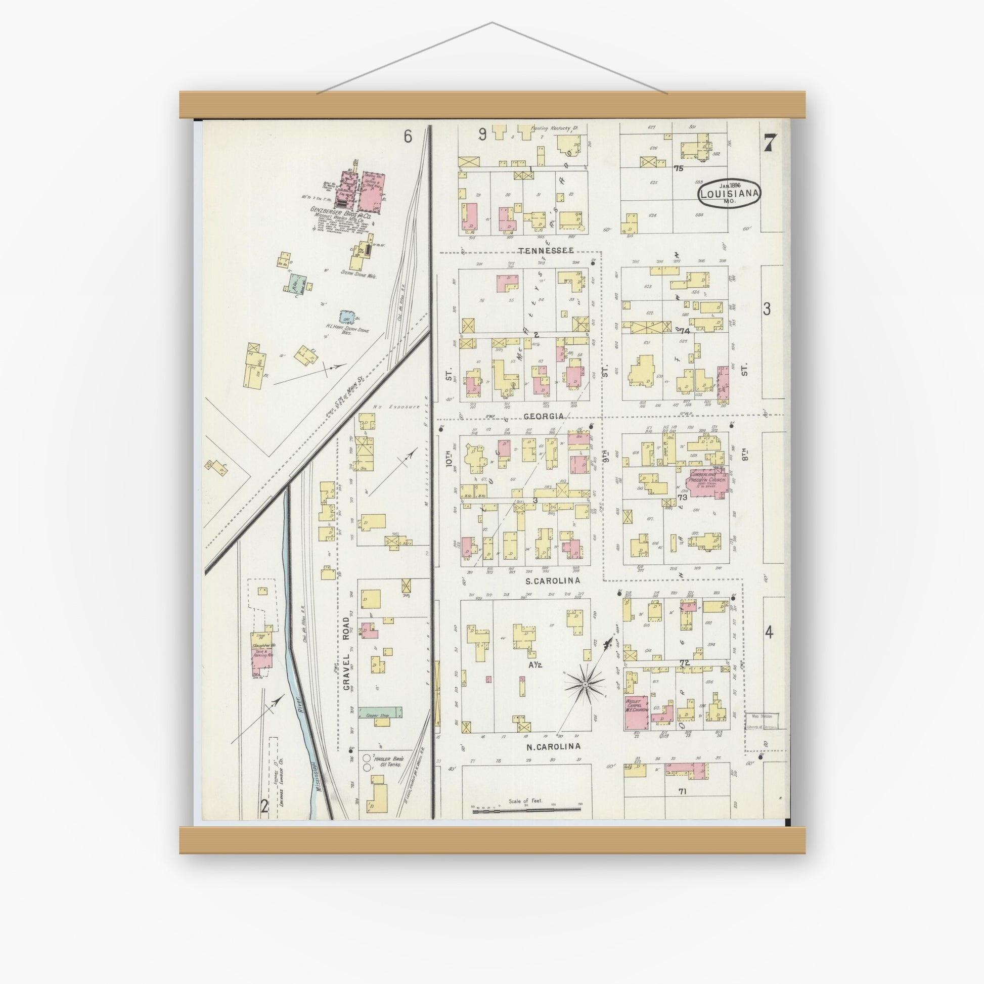 Old map wall art mockup — magnetic wood frame on white wall — Sanborn Fire Insurance Map from Louisiana, Pike County, Missouri (1896), Sheet #0007