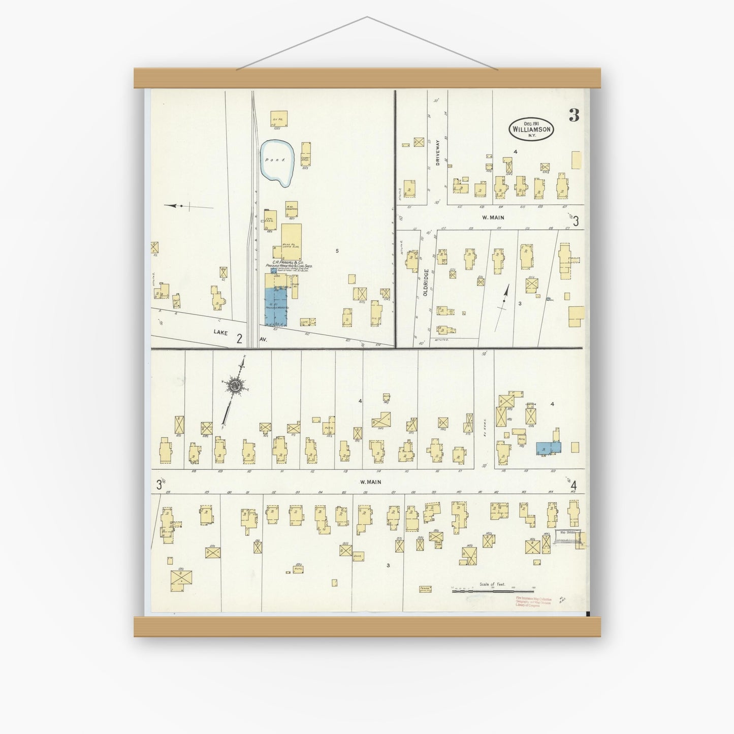 Old map wall art mockup — magnetic wood frame on white wall — Sanborn Fire Insurance Map from Williamson, Wayne County, New York (1911), Sheet #0003