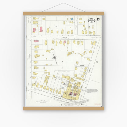 Old map wall art mockup — magnetic wood frame on white wall — Sanborn Fire Insurance Map from Waterloo, Seneca County, New York (1918), Sheet #0015