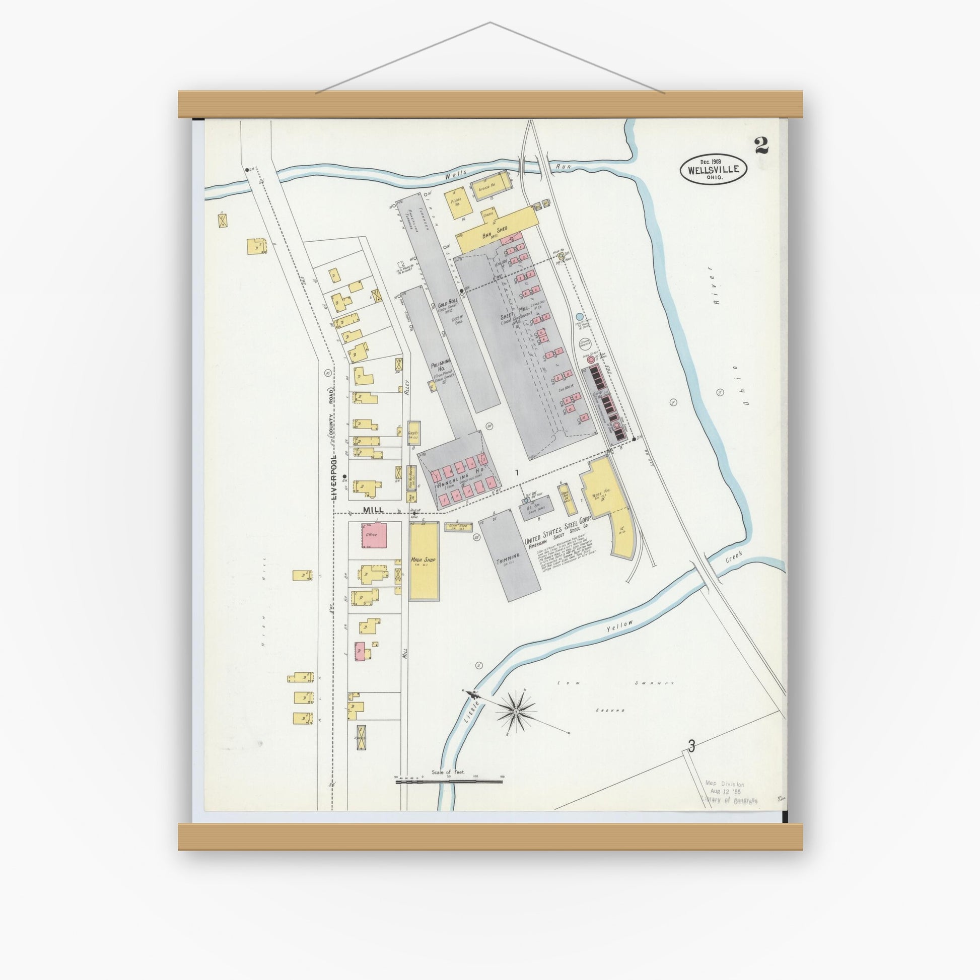 Old map wall art mockup — magnetic wood frame on white wall — Sanborn Fire Insurance Map from Wellsville, Columbiana County, Ohio (1903), Sheet #0002