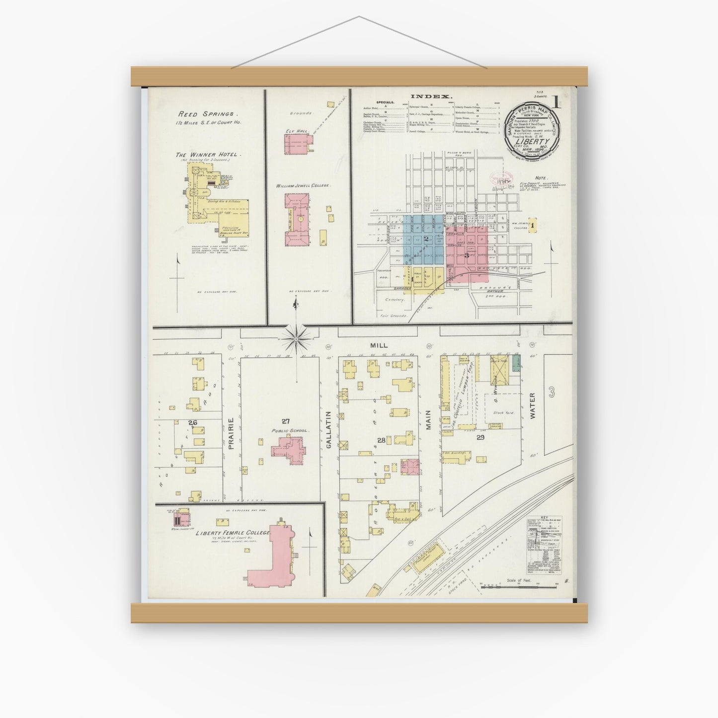 Old map wall art mockup — magnetic wood frame on white wall — Sanborn Fire Insurance Map from Liberty, Clay County, Missouri (1894) - Complete Map Set