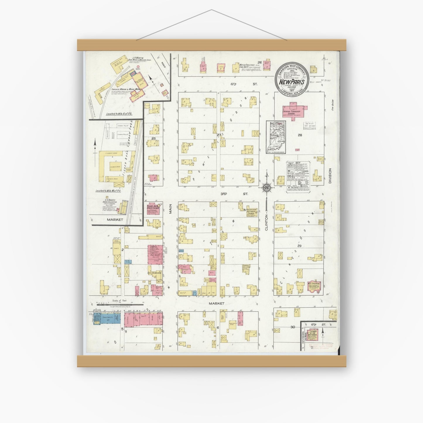 Old map wall art mockup — magnetic wood frame on white wall — Sanborn Fire Insurance Map from New Paris, Elkhart County, Indiana (1917), Sheet #0001