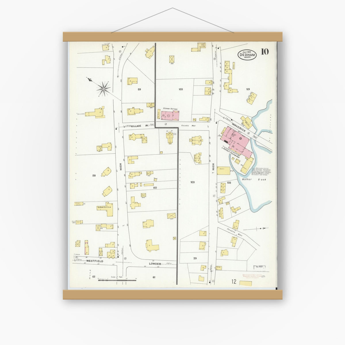 Old map wall art mockup — magnetic wood frame on white wall — Sanborn Fire Insurance Map from Dedham, Norfolk County, Massachusetts (1909), Sheet #0010