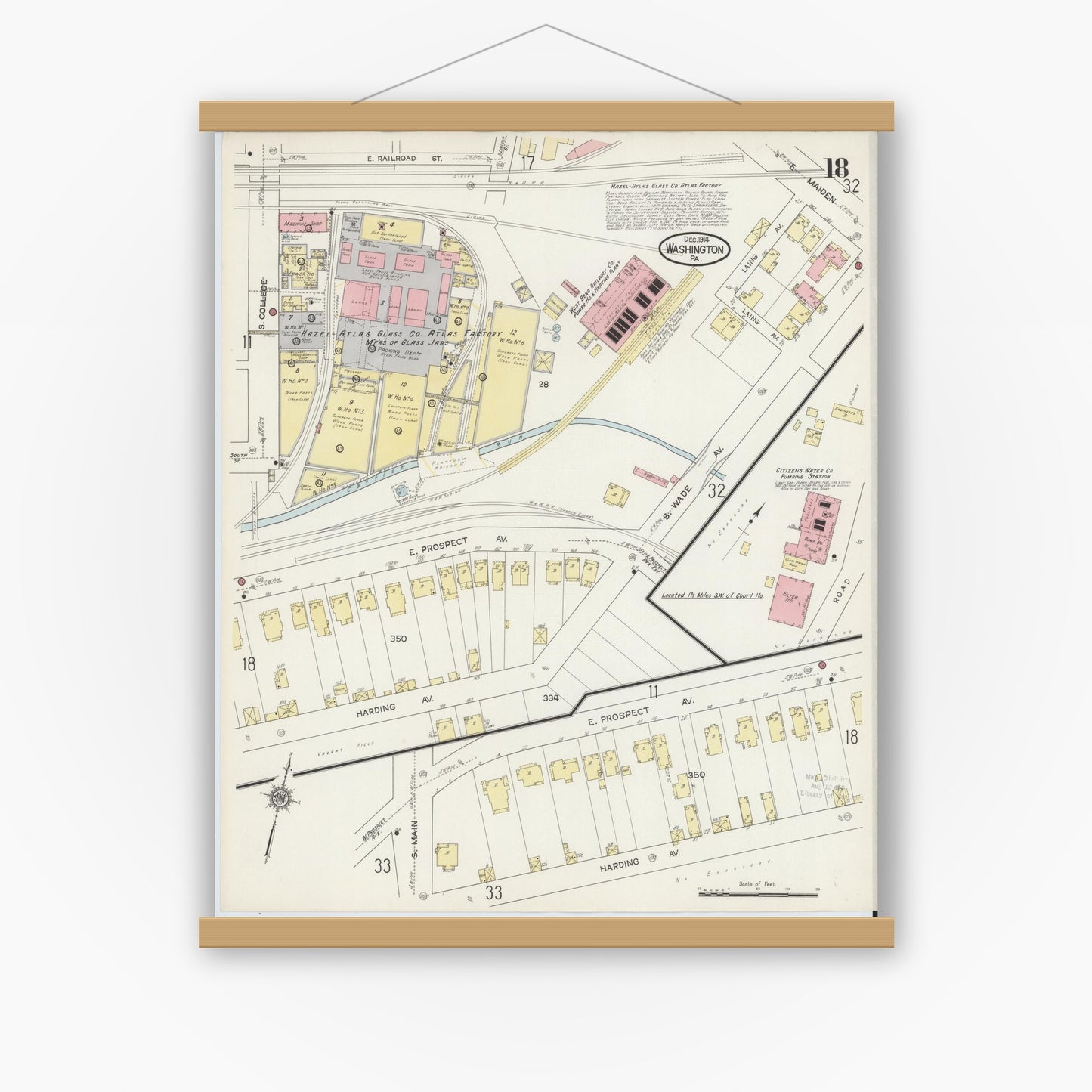 Old map wall art mockup — magnetic wood frame on white wall — Sanborn Fire Insurance Map from Washington, Washington County, Pennsylvania (1914), Sheet #0018