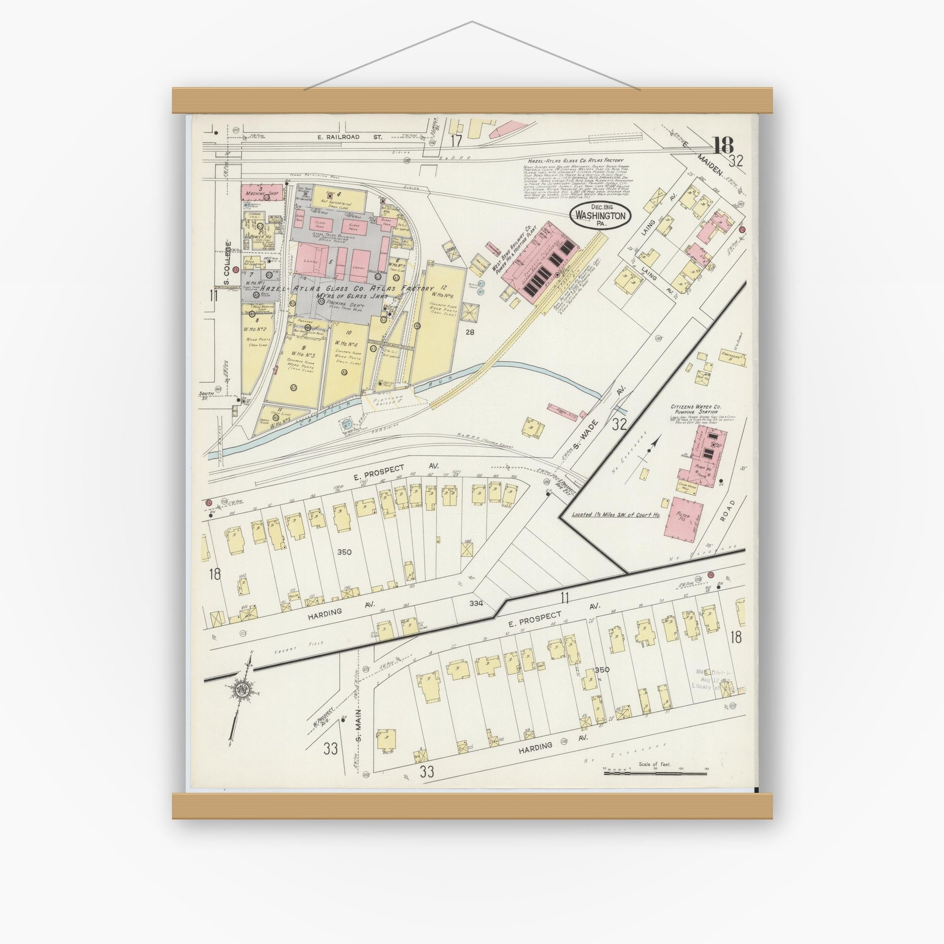 Old map wall art mockup — magnetic wood frame on white wall — Sanborn Fire Insurance Map from Washington, Washington County, Pennsylvania (1914), Sheet #0018