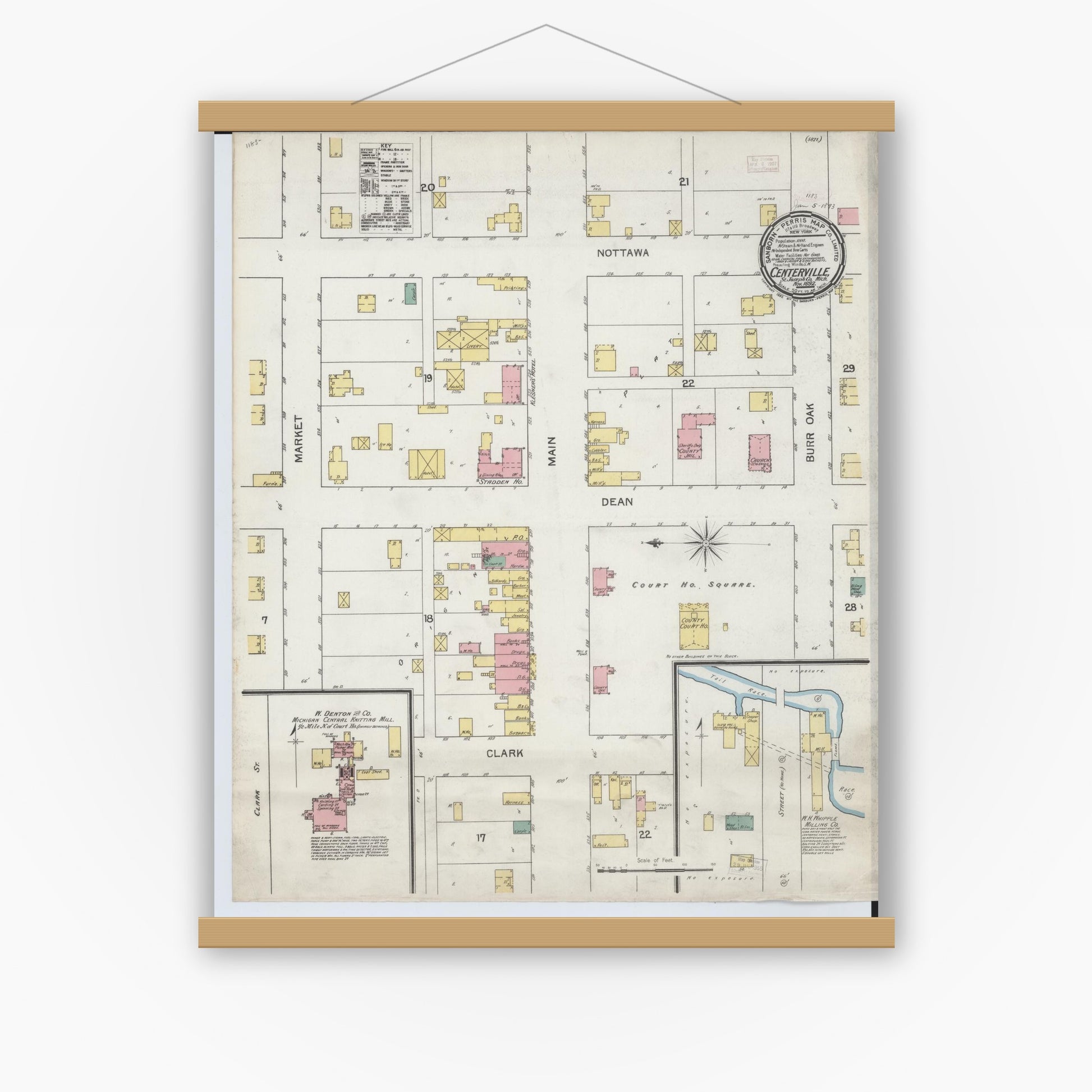 Old map wall art mockup — magnetic wood frame on white wall — Sanborn Fire Insurance Map from Centreville, Saint Joseph County, Michigan (1892), Sheet #0001