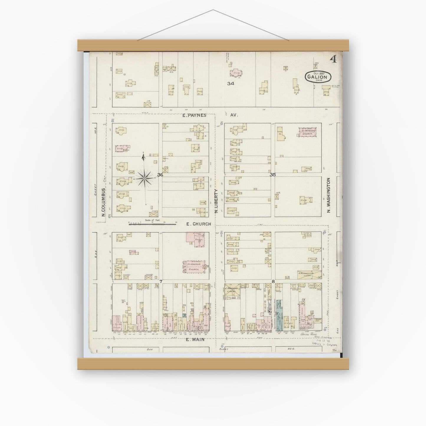 Old map wall art mockup — magnetic wood frame on white wall — Sanborn Fire Insurance Map from Galion, Crawford County, Ohio (1887), Sheet #0004