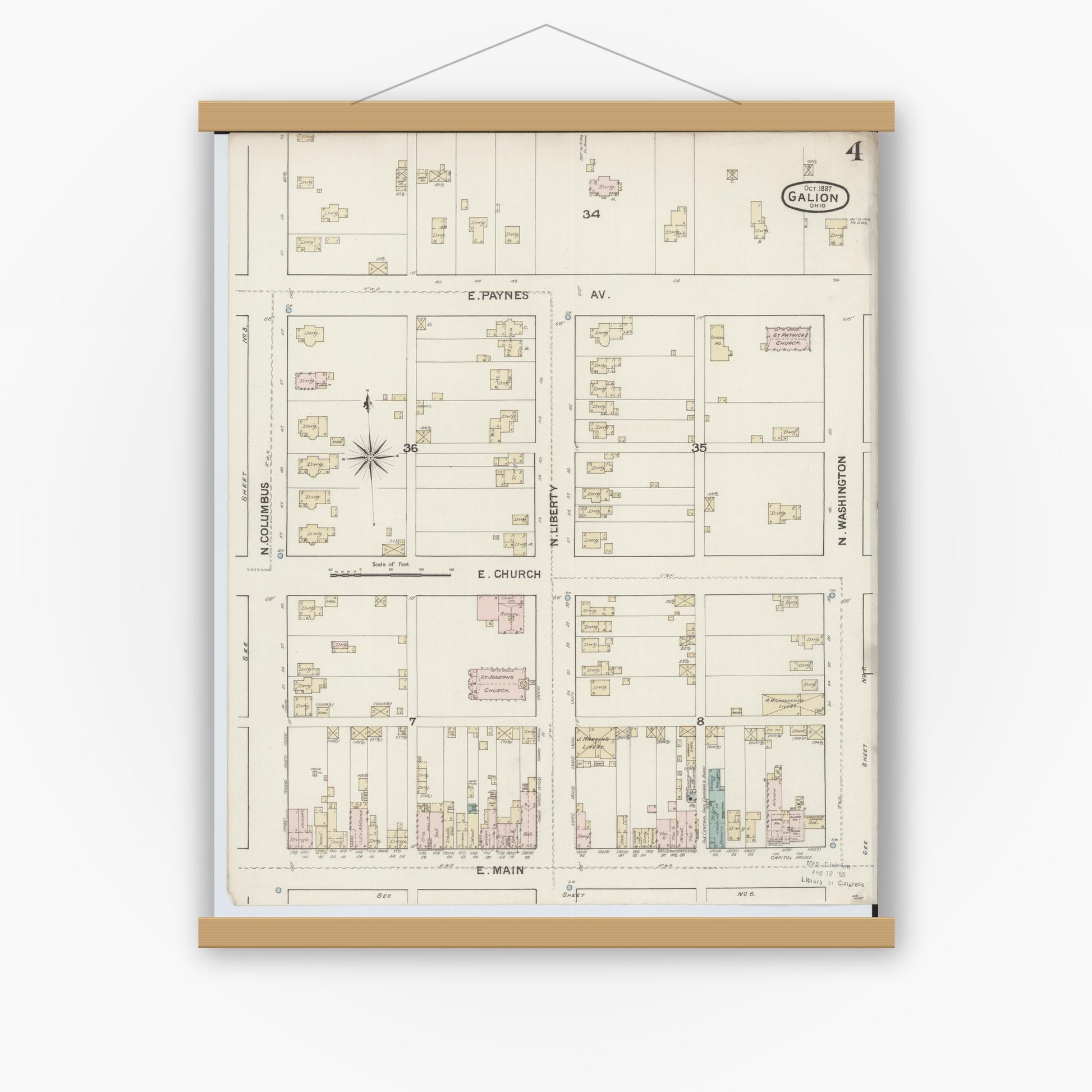 Old map wall art mockup — magnetic wood frame on white wall — Sanborn Fire Insurance Map from Galion, Crawford County, Ohio (1887), Sheet #0004