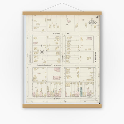 Old map wall art mockup — magnetic wood frame on white wall — Sanborn Fire Insurance Map from Galion, Crawford County, Ohio (1887), Sheet #0004
