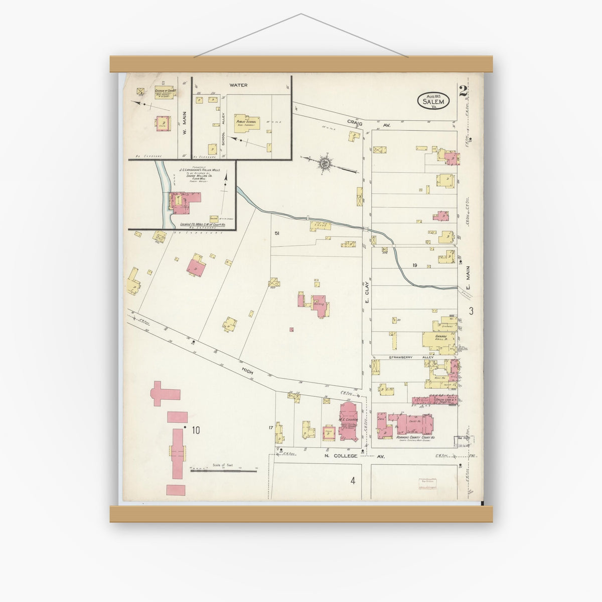 Old map wall art mockup — magnetic wood frame on white wall — Sanborn Fire Insurance Map from Salem, Independent Cities, Virginia (1913), Sheet #0002