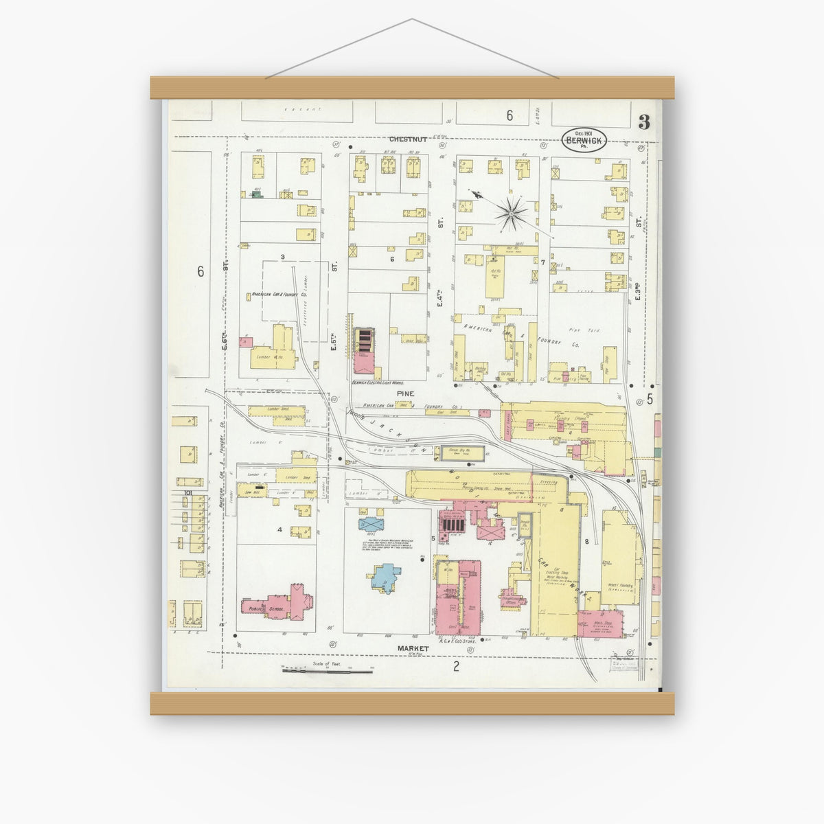 Old map wall art mockup — magnetic wood frame on white wall — Sanborn Fire Insurance Map from Berwick, Columbia County, Pennsylvania (1901), Sheet #0003