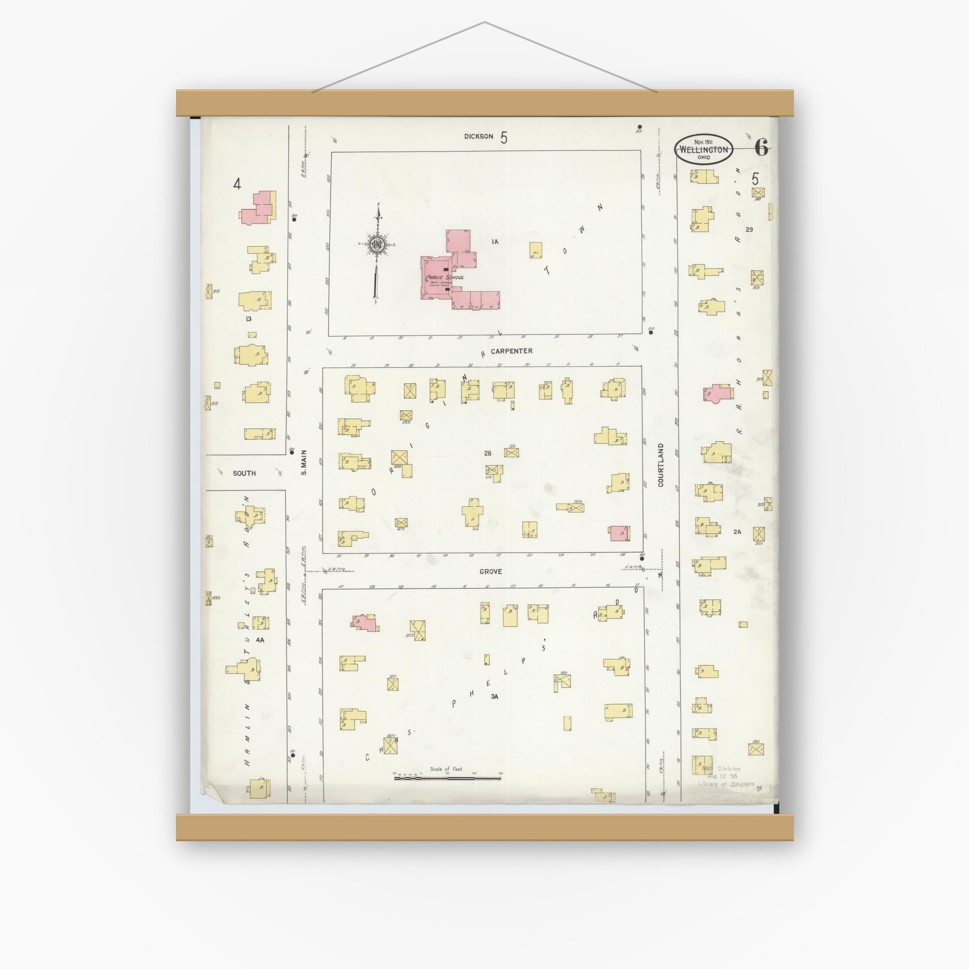 Old map wall art mockup — magnetic wood frame on white wall — Sanborn Fire Insurance Map from Wellington, Lorain County, Ohio (1911), Sheet #0006