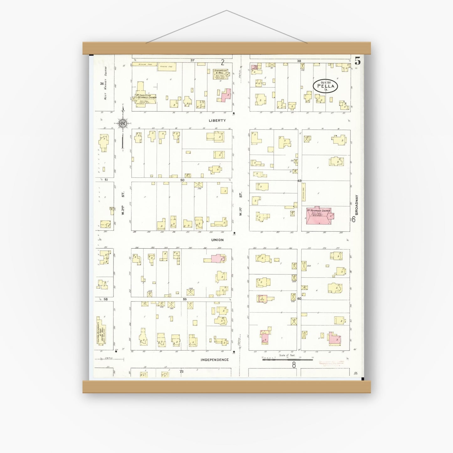 Old map wall art mockup — magnetic wood frame on white wall — Sanborn Fire Insurance Map from Pella, Marion County, Iowa (1911), Sheet #0005