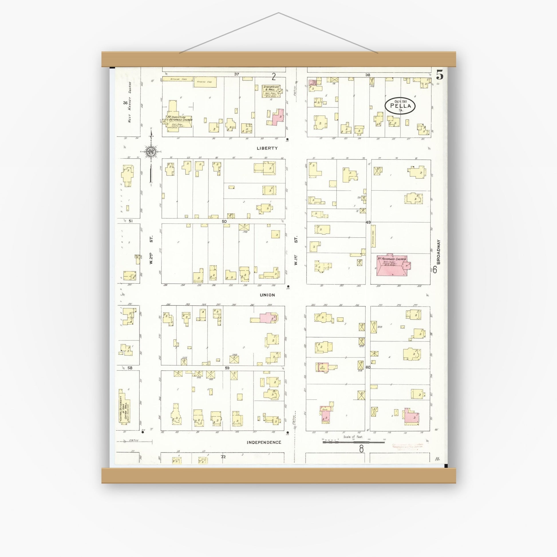 Old map wall art mockup — magnetic wood frame on white wall — Sanborn Fire Insurance Map from Pella, Marion County, Iowa (1911), Sheet #0005