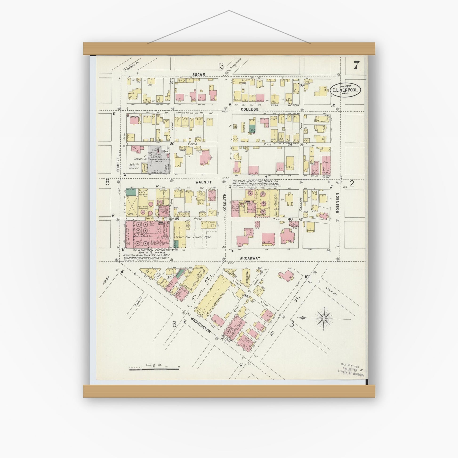 Old map wall art mockup — magnetic wood frame on white wall — Sanborn Fire Insurance Map from East Liverpool, Columbiana County, Ohio (1897), Sheet #0007