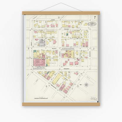 Old map wall art mockup — magnetic wood frame on white wall — Sanborn Fire Insurance Map from East Liverpool, Columbiana County, Ohio (1897), Sheet #0007