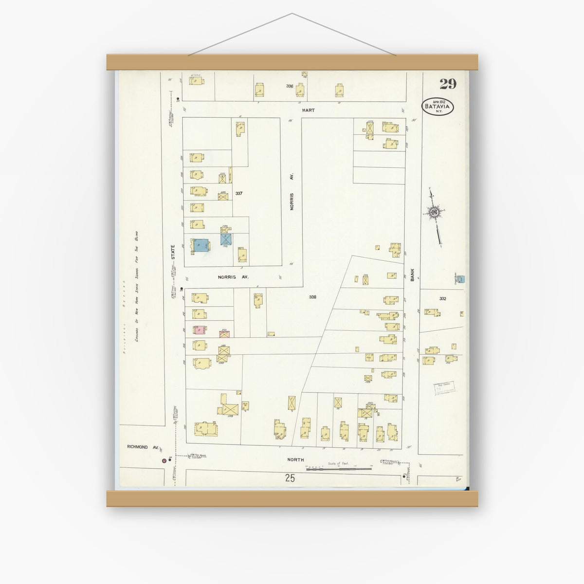 Old map wall art mockup — magnetic wood frame on white wall — Sanborn Fire Insurance Map from Batavia, Genesee County, New York (1912), Sheet #0029
