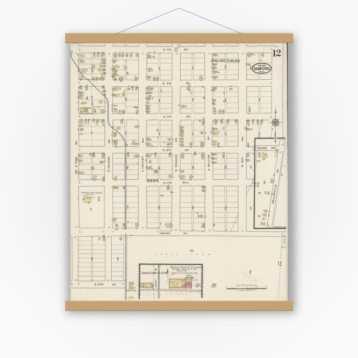 Old map wall art mockup — magnetic wood frame on white wall — Sanborn Fire Insurance Map from Sanford, Seminole County, Florida (1922), Sheet #0012