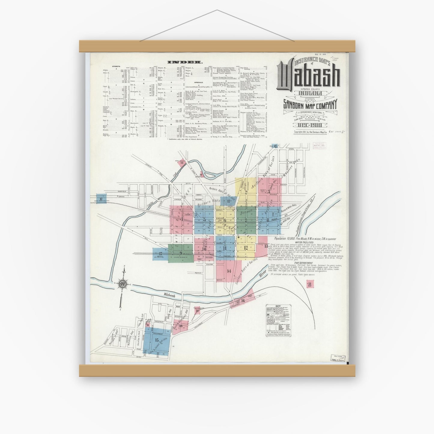Old map wall art mockup — magnetic wood frame on white wall — Sanborn Fire Insurance Map from Wabash, Wabash County, Indiana (1910), Sheet #0001