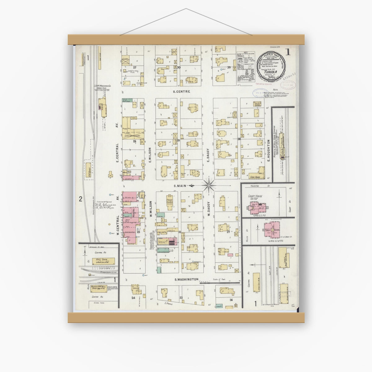 Old map wall art mockup — magnetic wood frame on white wall — Sanborn Fire Insurance Map from Tuscola, Douglas County, Illinois (1897) - Complete Map Set