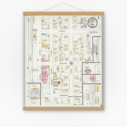 Old map wall art mockup — magnetic wood frame on white wall — Sanborn Fire Insurance Map from Tuscola, Douglas County, Illinois (1897) - Complete Map Set