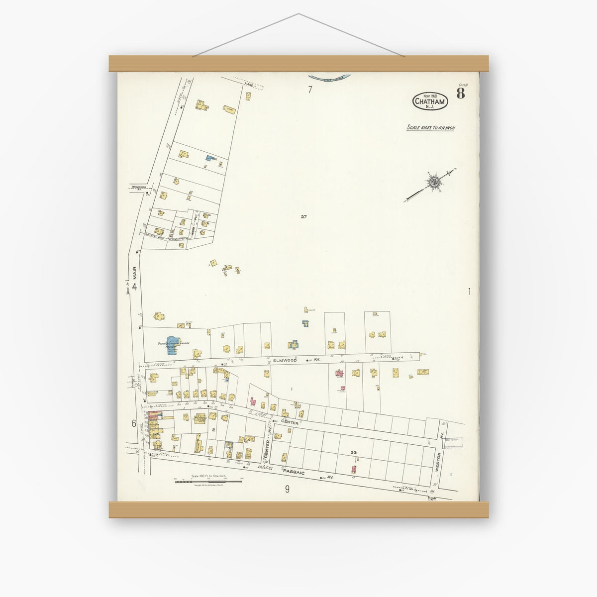 Old map wall art mockup — magnetic wood frame on white wall — Sanborn Fire Insurance Map from Chatham, Morris County, New Jersey (1921), Sheet #0008