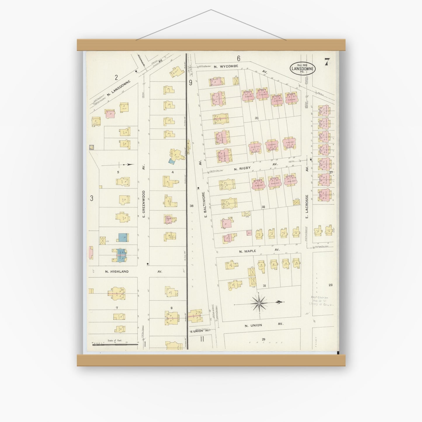 Old map wall art mockup — magnetic wood frame on white wall — Sanborn Fire Insurance Map from Lansdowne, Delaware County, Pennsylvania (1908), Sheet #0007