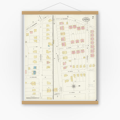 Old map wall art mockup — magnetic wood frame on white wall — Sanborn Fire Insurance Map from Lansdowne, Delaware County, Pennsylvania (1908), Sheet #0007