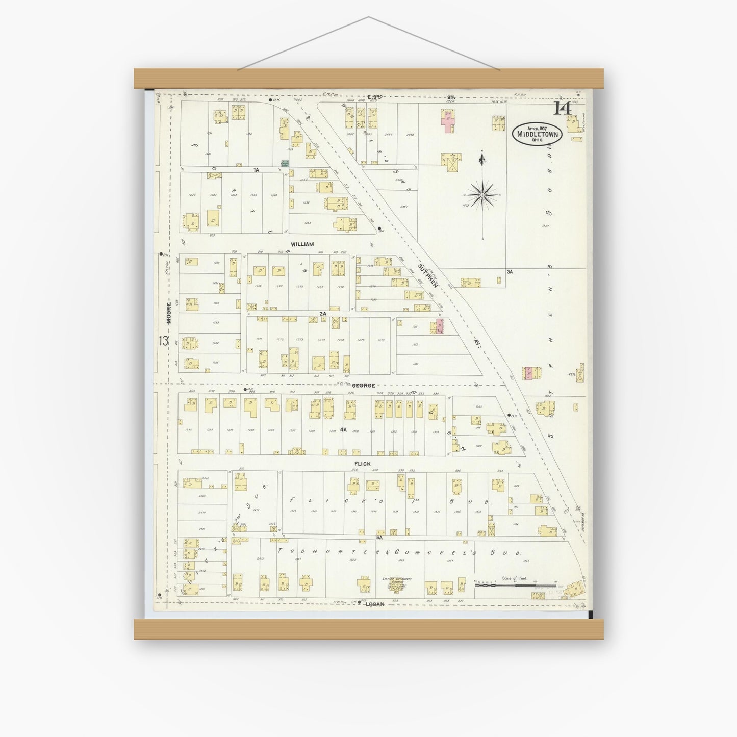 Old map wall art mockup — magnetic wood frame on white wall — Sanborn Fire Insurance Map from Middletown, Butler County, Ohio (1907), Sheet #0014