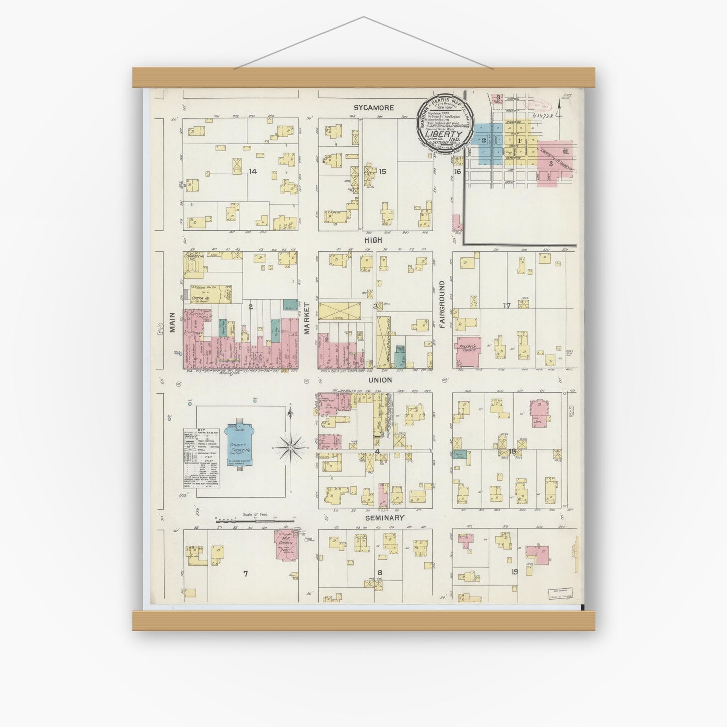 Old map wall art mockup — magnetic wood frame on white wall — Sanborn Fire Insurance Map from Liberty, Union County, Indiana (1892) - Complete Map Set