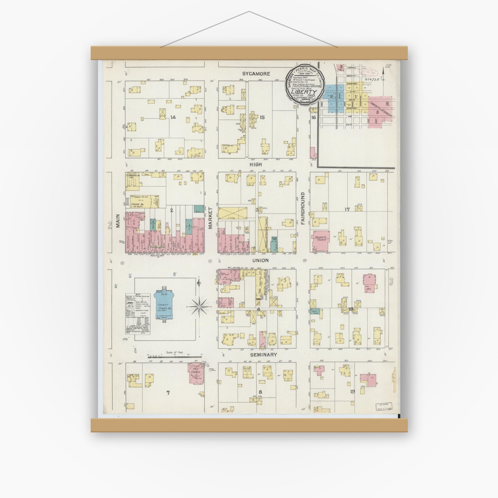 Old map wall art mockup — magnetic wood frame on white wall — Sanborn Fire Insurance Map from Liberty, Union County, Indiana (1892) - Complete Map Set